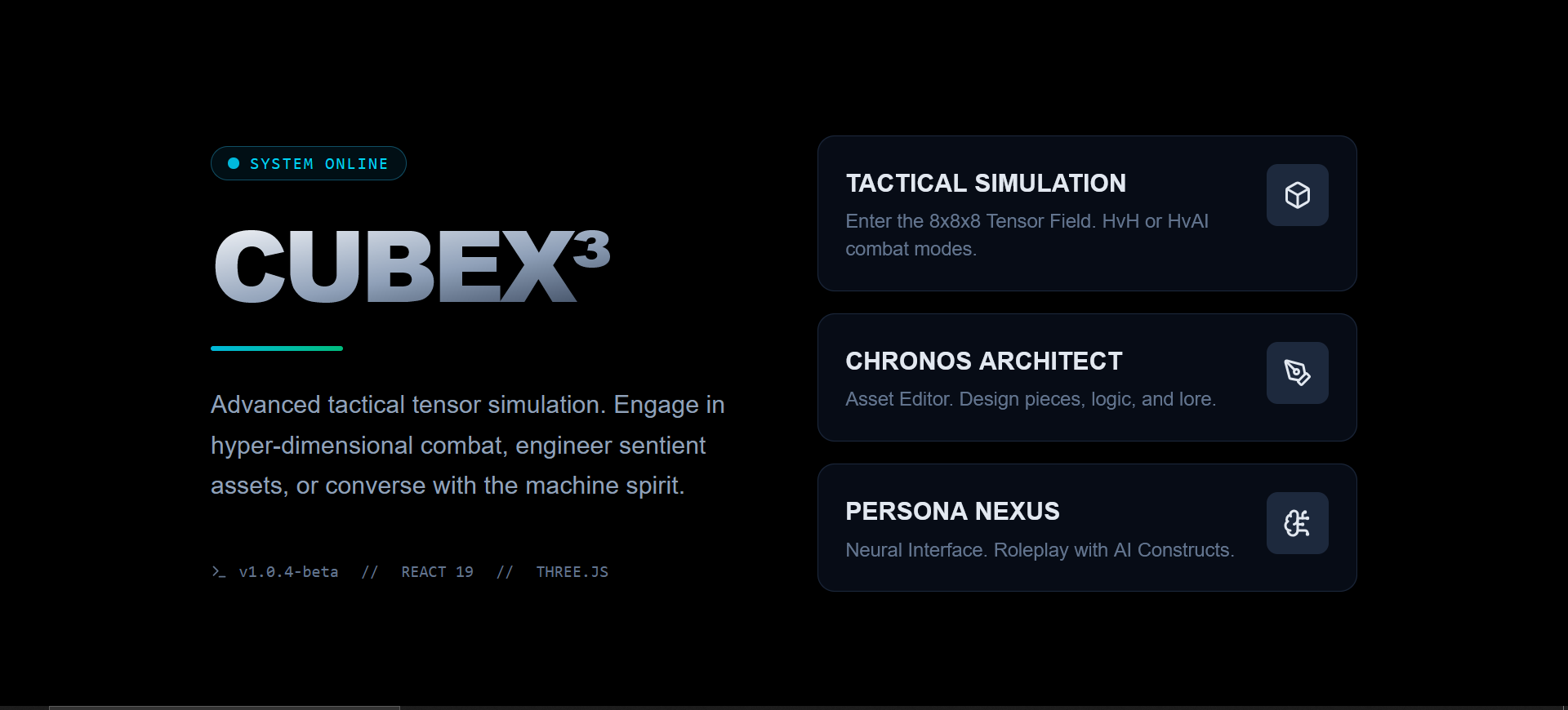 CubeX³ landing — Tactical Simulation, Chronos Architect, Persona Nexus